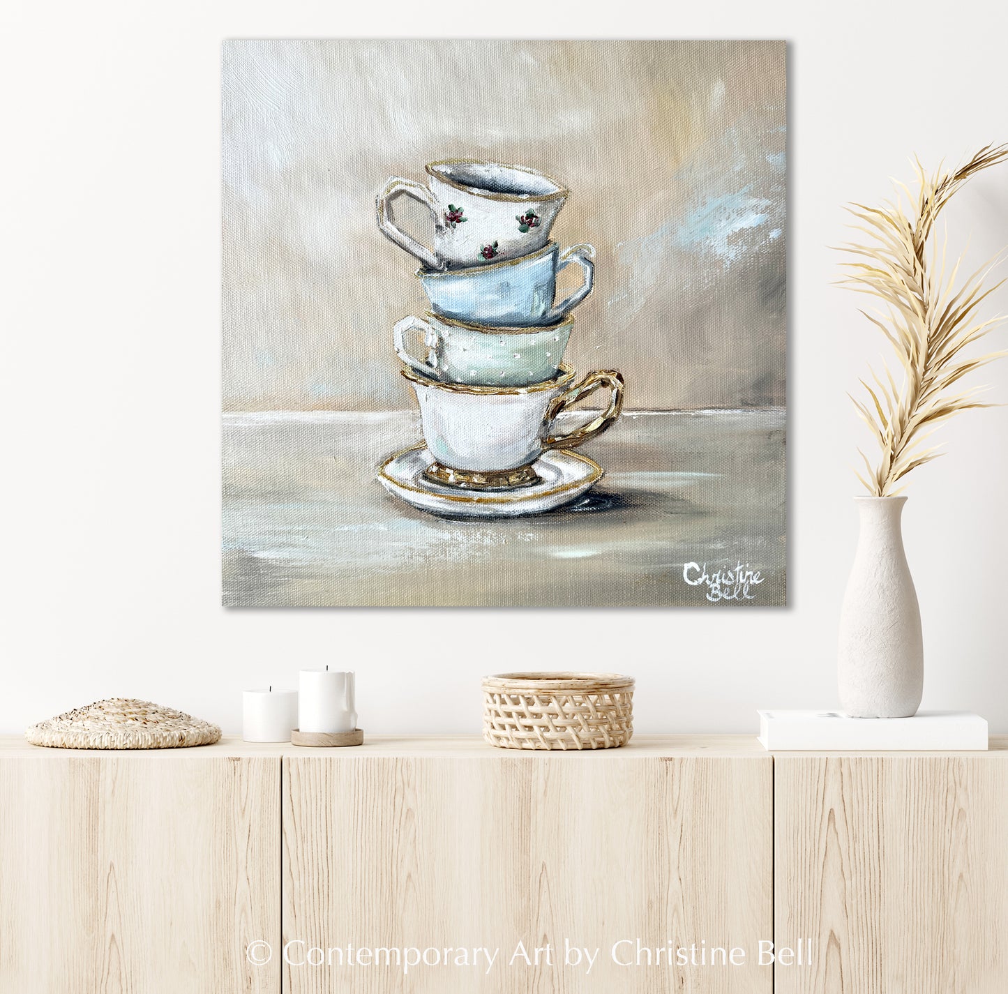 "High Tea" GICLEE PRINT Teacup Painting, Stacked Teacups Still Life