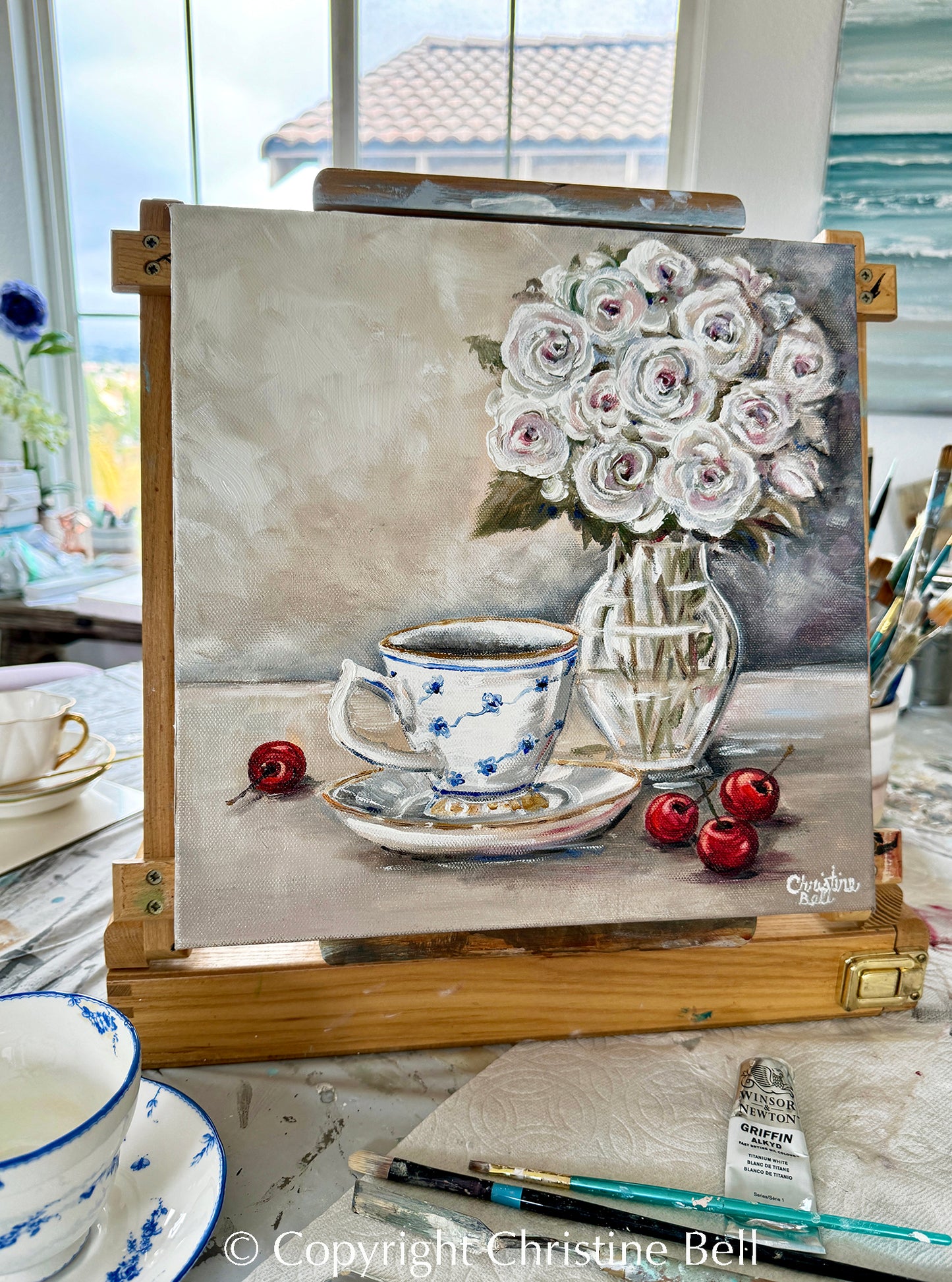 Load image into Gallery viewer, &amp;quot;Afternoon Tea&amp;quot; GICLEE PRINT Teacup Painting, Floral Flowers, Cherries, Still Life
