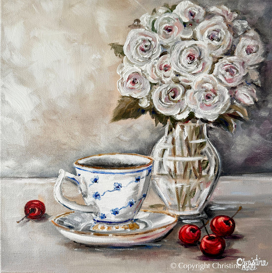 "Afternoon Tea" ORIGINAL OIL PAINTING, Floral, Teacup, Cherries, Flowers