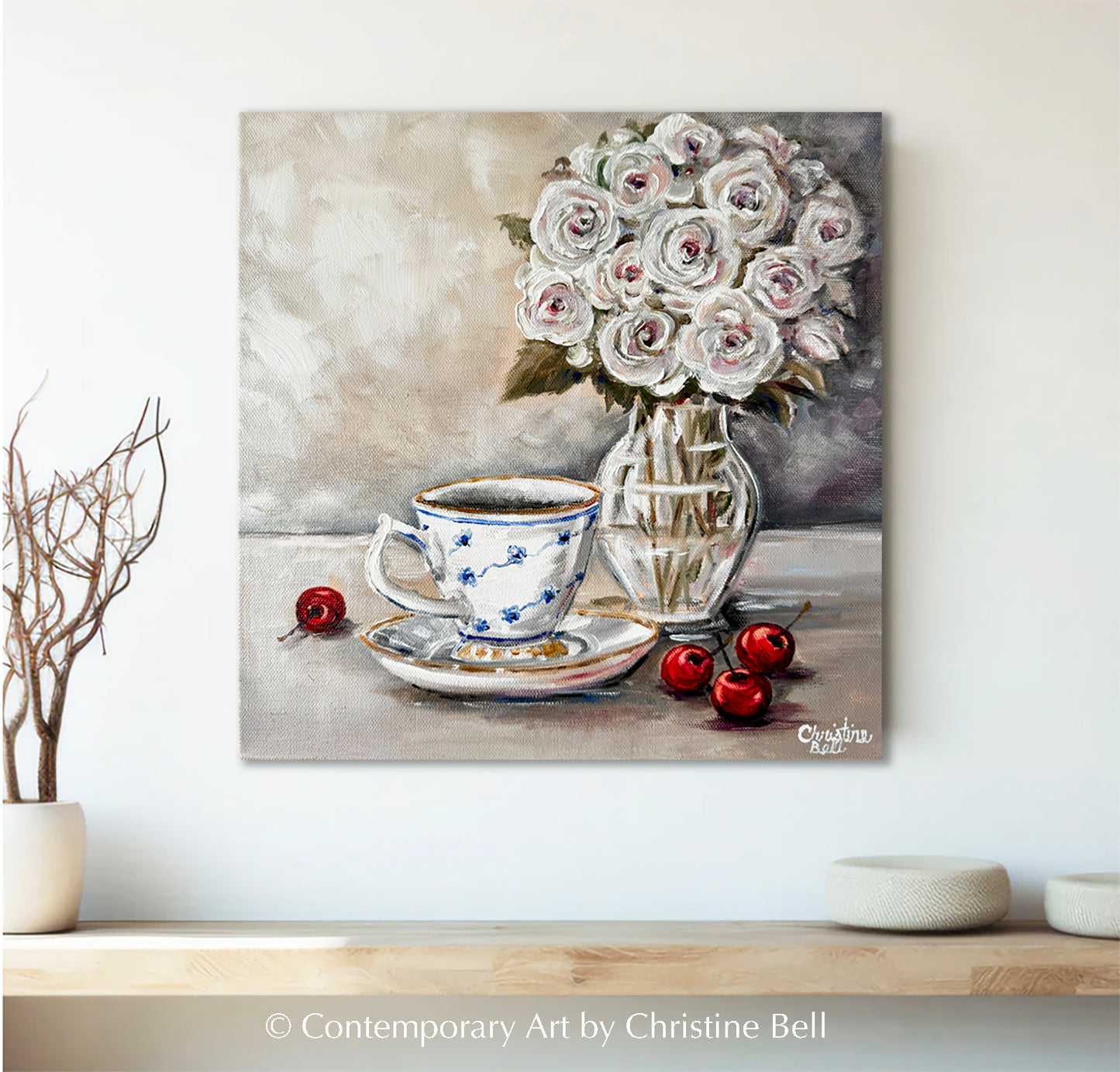 Load image into Gallery viewer, &amp;quot;Afternoon Tea&amp;quot; GICLEE PRINT Teacup Painting, Floral Flowers, Cherries, Still Life
