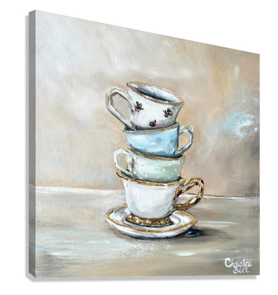 Load image into Gallery viewer, &amp;quot;High Tea&amp;quot; GICLEE PRINT Teacup Painting, Stacked Teacups Still Life
