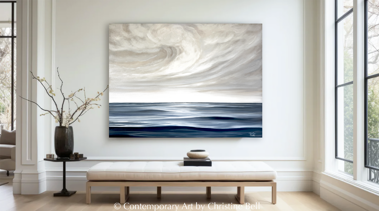 NEW "The Calm Before the Storm" ORIGINAL, Coastal Ocean Waves Clouds Seascape Oil Painting 48x36"