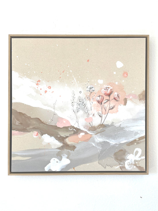 "Serendipity" ORIGINAL Painting, Abstract Flowers, Beige, Pink, White, Framed, 24x24"