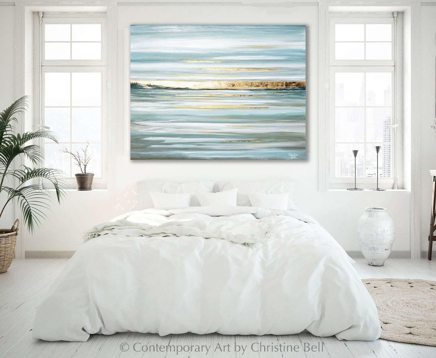 Load image into Gallery viewer, &amp;quot;Idyllic Pause&amp;quot; ORIGINAL Oil Painting, Seascape with Gold Leaf, 48x36&amp;quot;
