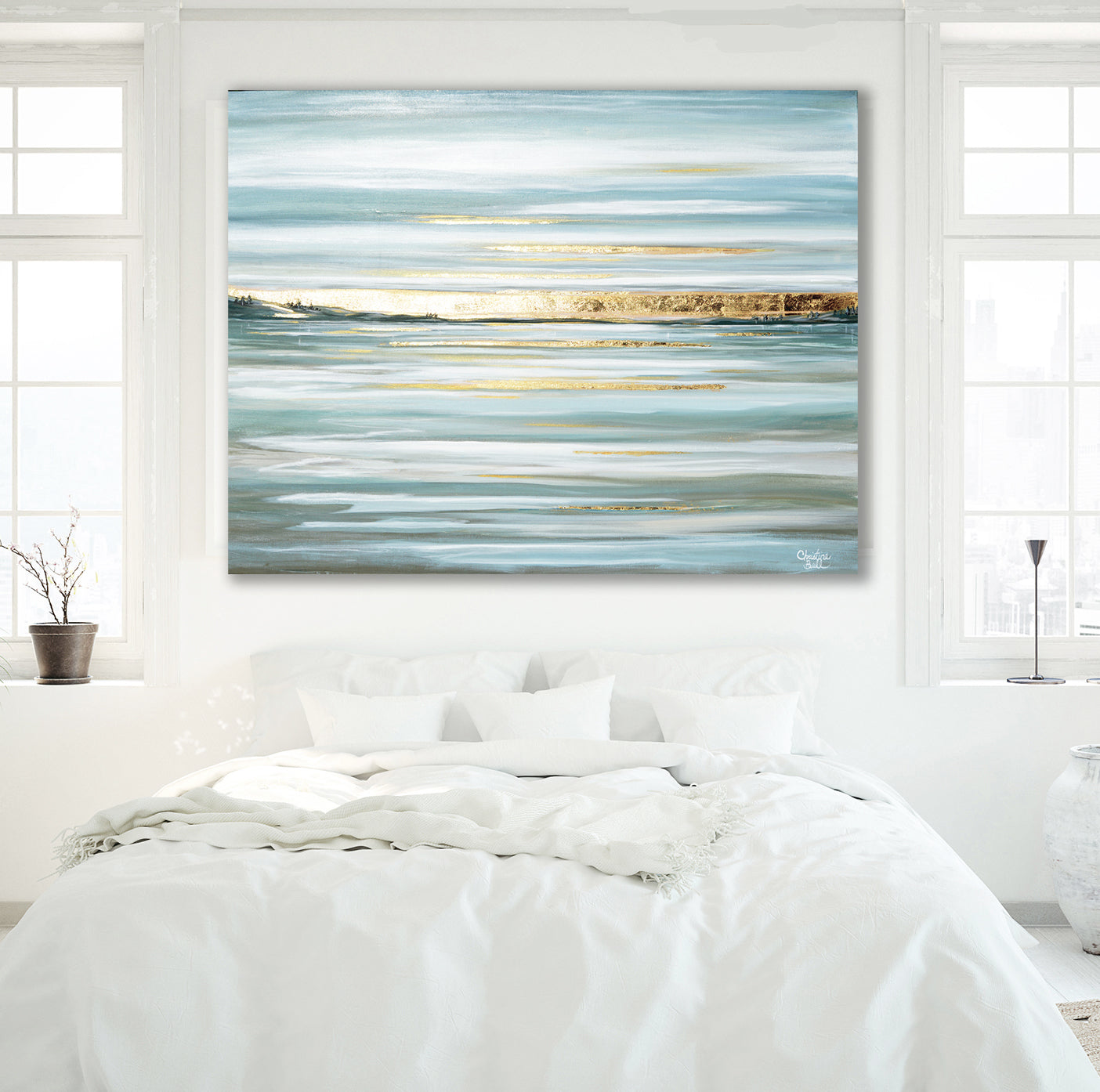 Gicl e Print Seascape Painting Light Blue Gold Leaf Canvas Wall Art gicl-e-print-seascape-painting-light-blue-gold-leaf-canvas-wall-art