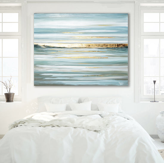 Load image into Gallery viewer, &amp;quot;Idyllic Pause&amp;quot; GICLÉE PRINT, Modern Coastal Seascape, Gold Leaf
