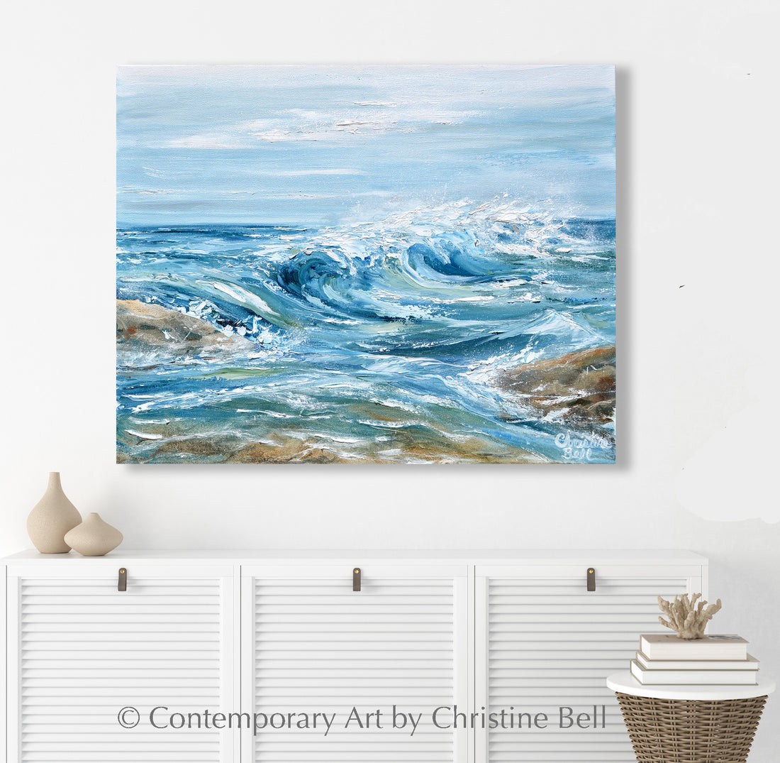 ORIGINAL Coastal Painting Ocean Waves Rocks Blue White Beach Art Decor ...