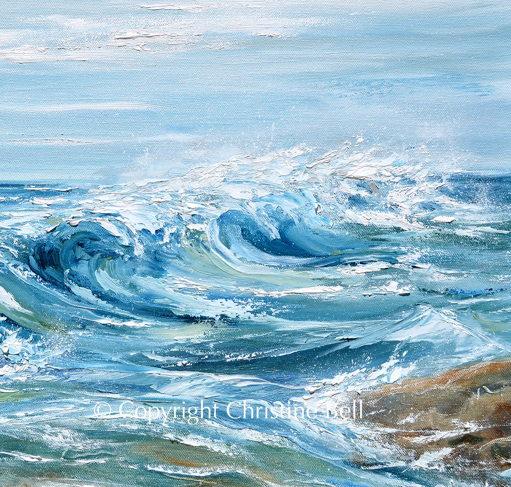 ORIGINAL Coastal Painting Ocean Waves Rocks Blue White Beach Art Decor ...