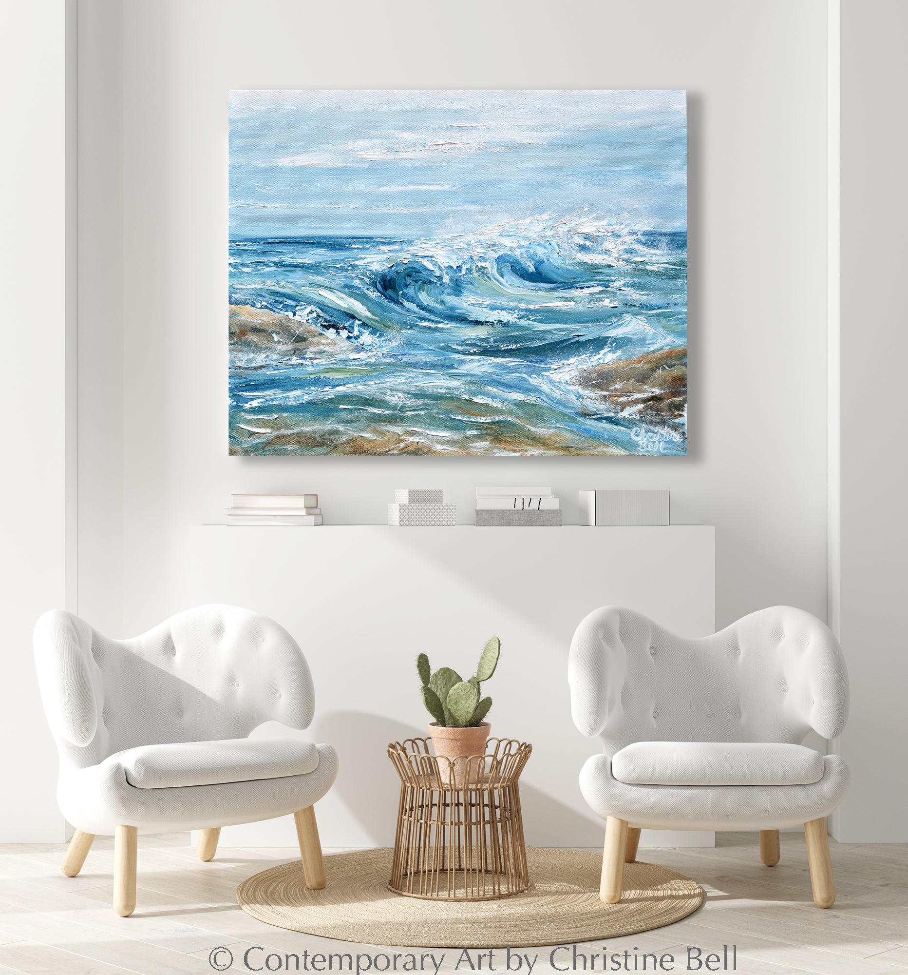 ORIGINAL Coastal Painting Ocean Waves Rocks Blue White Beach Art Decor ...