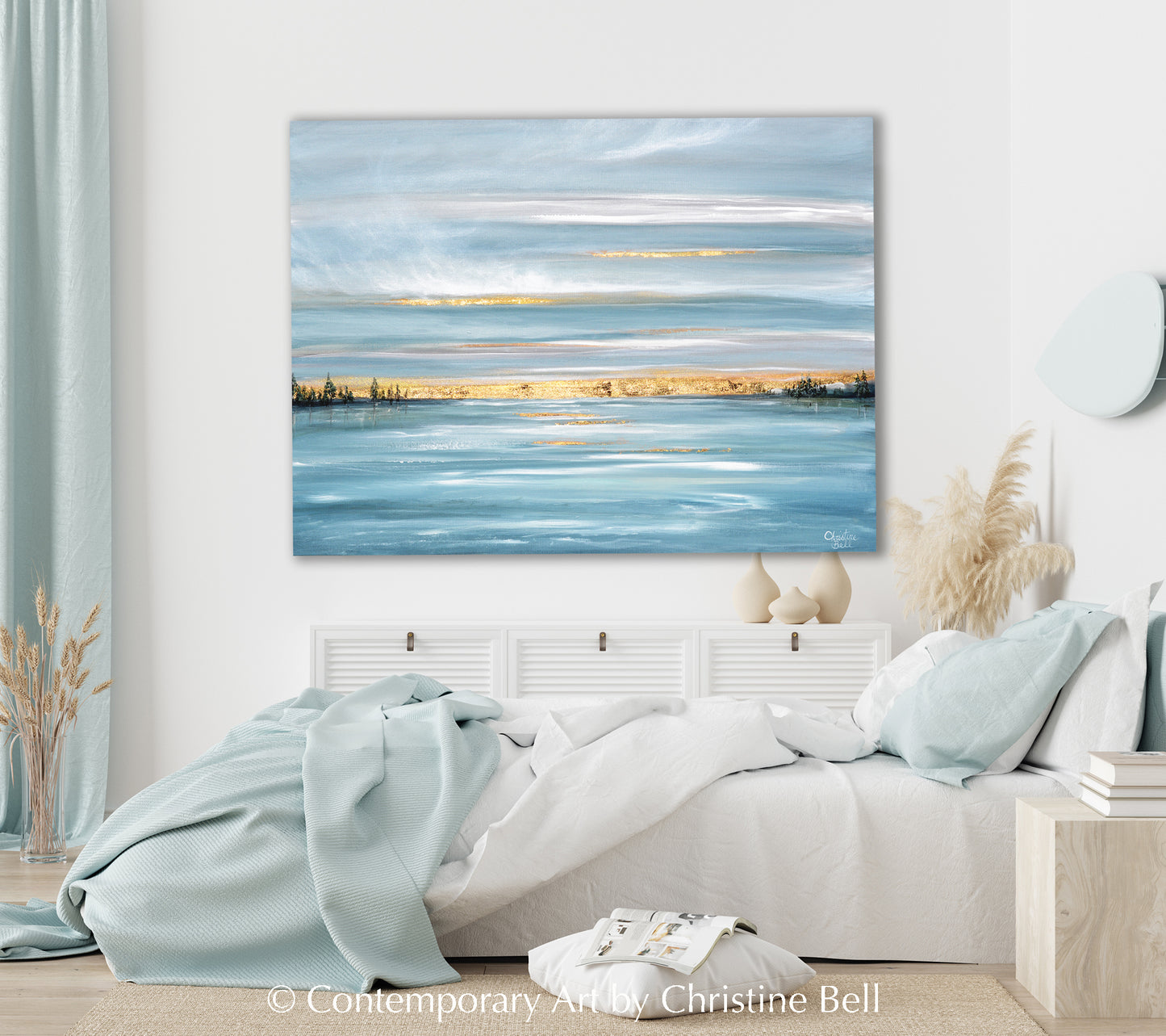 "In the Stillness Light is Found" ORIGINAL Painting, Seascape Landscape with Gold Leaf, 40x30"