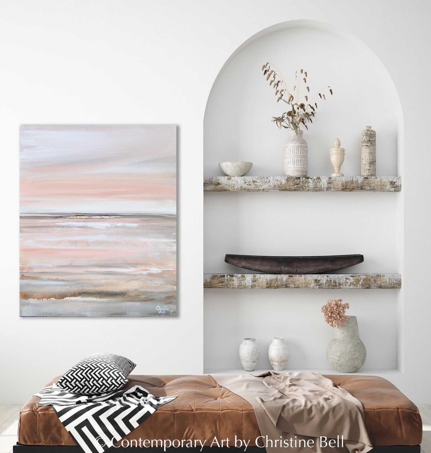Load image into Gallery viewer, &amp;quot;Warm Dawn&amp;quot; GICLÉE PRINT, Coastal Abstract Painting, Grey, Beige, White, Pink

