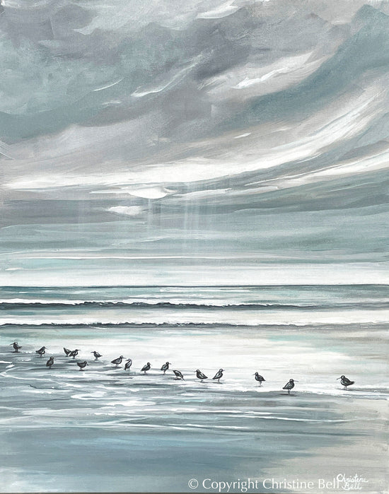 "Sandpiper Social" ORIGINAL Coastal Seascape Sea Birds Painting, 24x30"