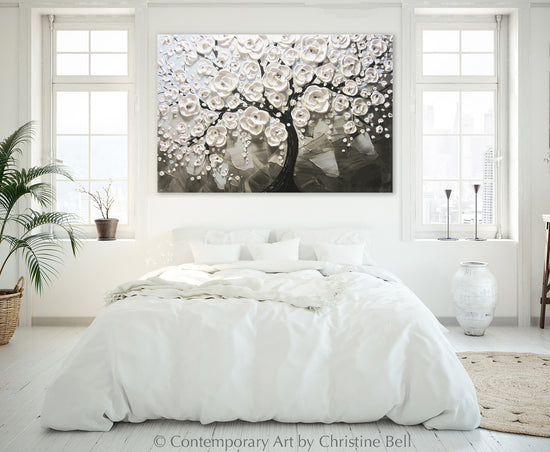 Original Art Abstract Painting White Flowering Cherry Tree Textured Blue Grey Taupe