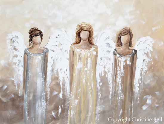 Load image into Gallery viewer, &amp;quot;Surrounding You with Light&amp;quot; GICLEE PRINT Abstract Modern Angel Painting 3 Angels Guardian Angel Figurative
