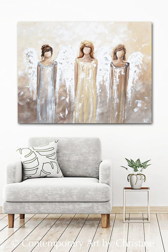 Load image into Gallery viewer, &amp;quot;Surrounding You with Light&amp;quot; GICLEE PRINT Abstract Modern Angel Painting 3 Angels Guardian Angel Figurative
