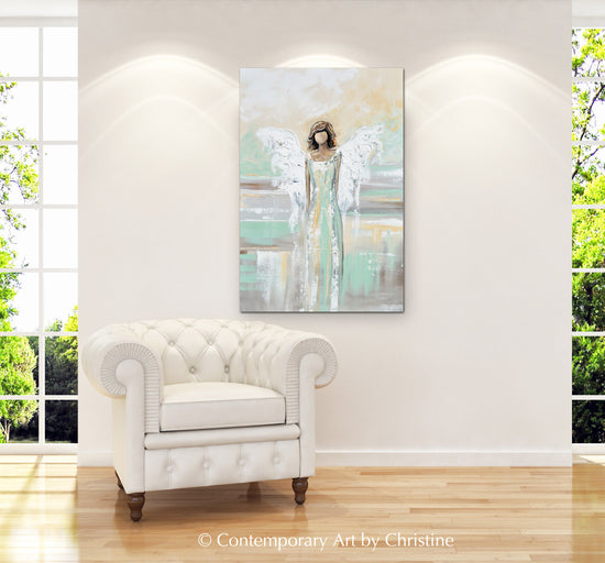 Load image into Gallery viewer, &amp;quot;Blessed Angel&amp;quot; ORIGINAL Abstract Angel Painting Guardian Angel Green Gold White 24x36&amp;quot;

