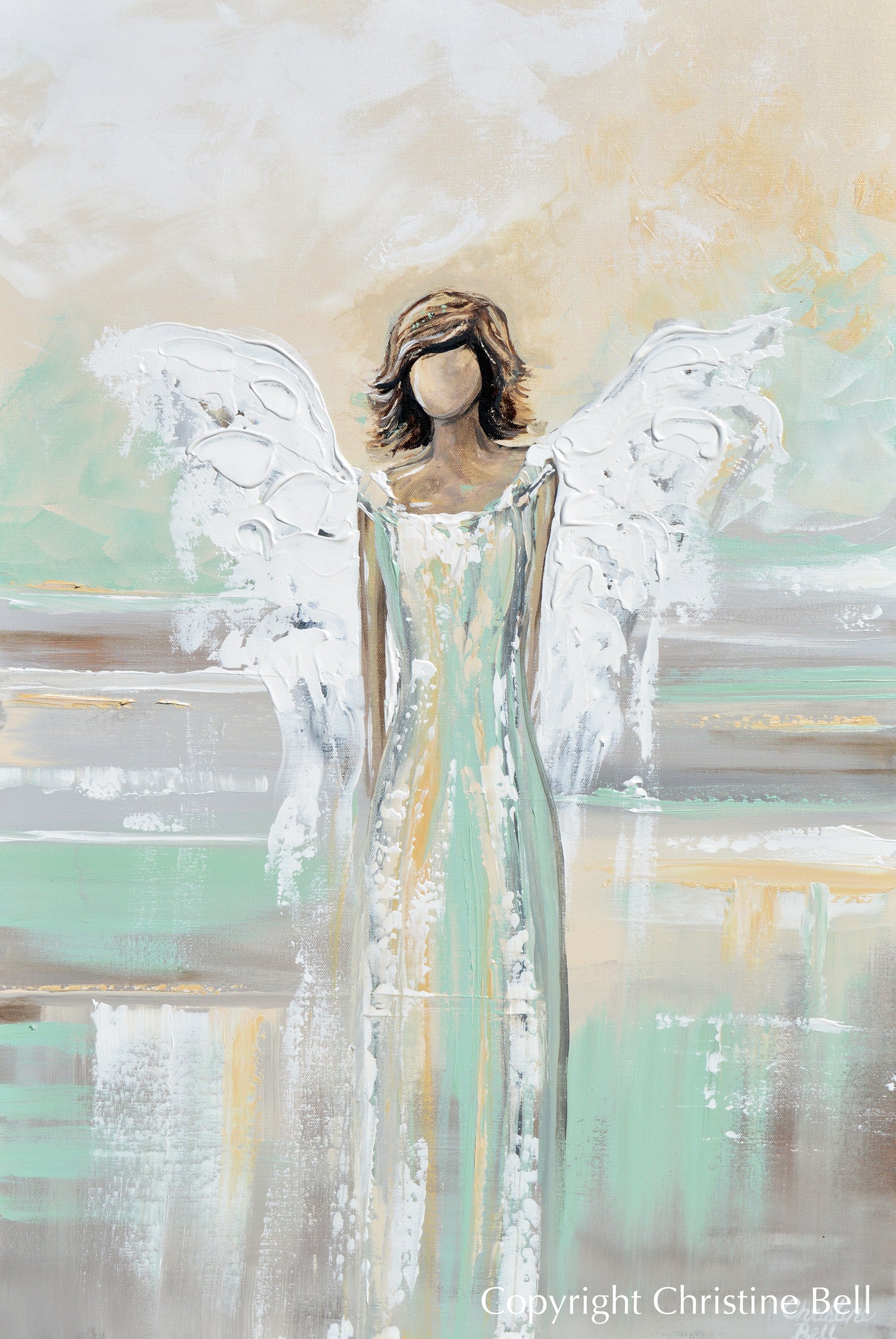 Load image into Gallery viewer, &amp;quot;Blessed Angel&amp;quot; ORIGINAL Abstract Angel Painting Guardian Angel Green Gold White 24x36&amp;quot;
