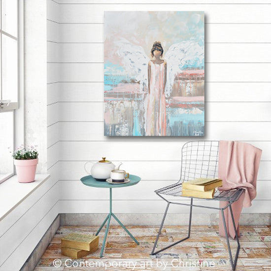 Load image into Gallery viewer, &amp;quot;My Precious Angel&amp;quot; ORIGINAL Abstract Angel Painting Guardian Angel Pink White Blue 24x30&amp;quot;
