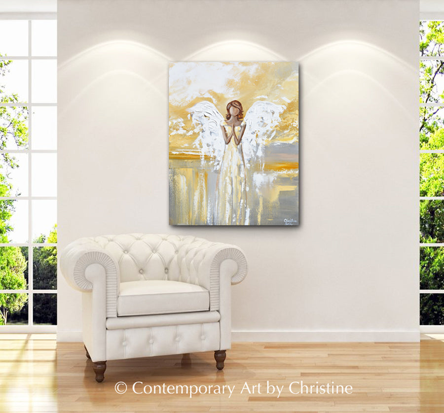 Load image into Gallery viewer, &amp;quot;Bringing Light and Hope&amp;quot; ORIGINAL Abstract Angel Painting Guardian Angel Gold Leaf White Grey 24x30&amp;quot;
