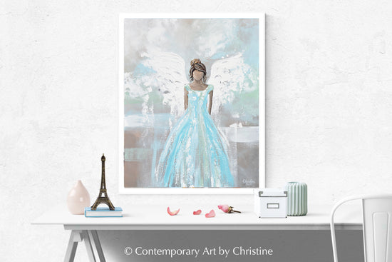"Bringing Love to Your Heart" ORIGINAL Abstract Angel Painting Sweet Guardian Angel Blue White 24x30"