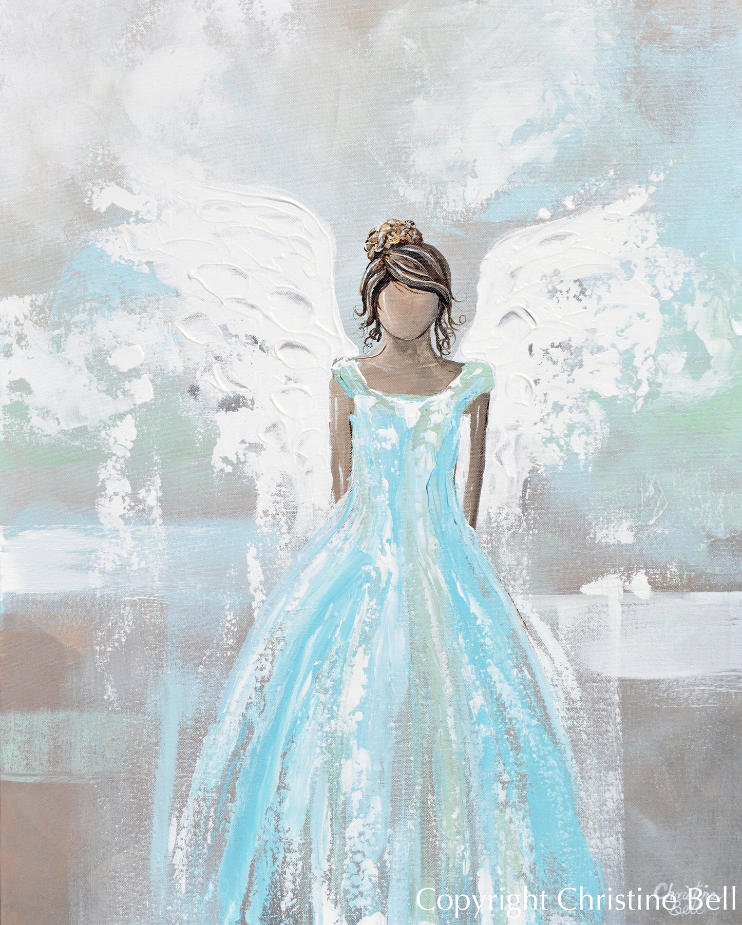 "Bringing Love to Your Heart" ORIGINAL Abstract Angel Painting Sweet Guardian Angel Blue White 24x30"