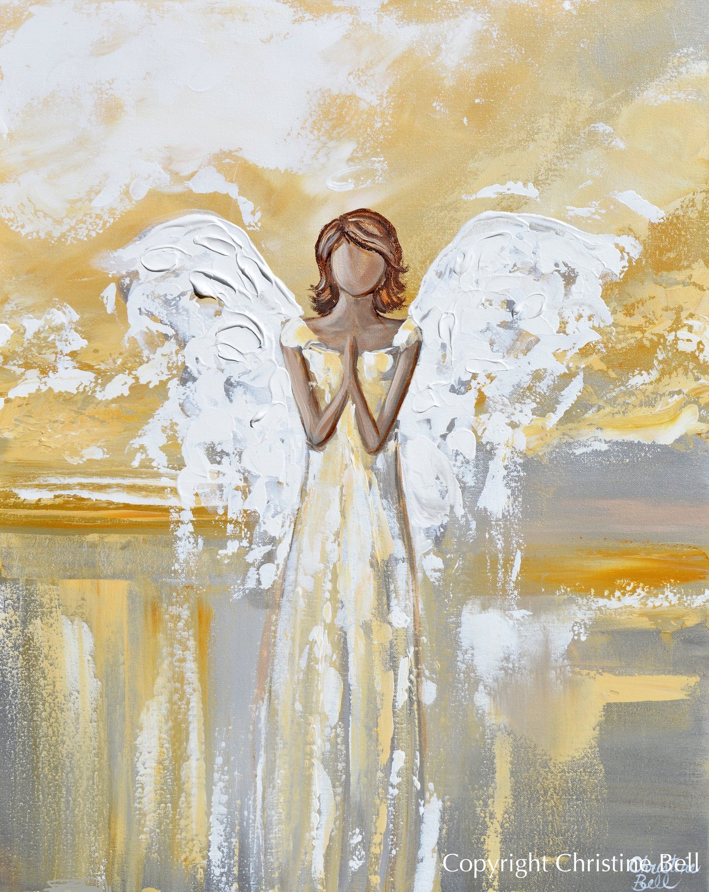 Load image into Gallery viewer, &amp;quot;Bringing Light and Hope&amp;quot; GICLEE PRINT Abstract Angel Painting Guardian Angel Gold Leaf White Grey
