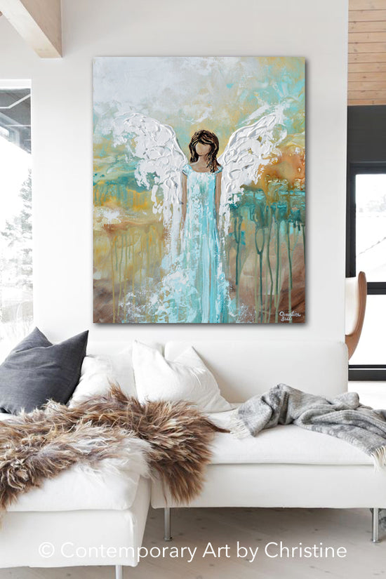 Load image into Gallery viewer, &amp;quot;Angel of Hope&amp;quot; GICLEE PRINT Abstract Angel Painting Guardian Angel Aqua Blue Turquoise White

