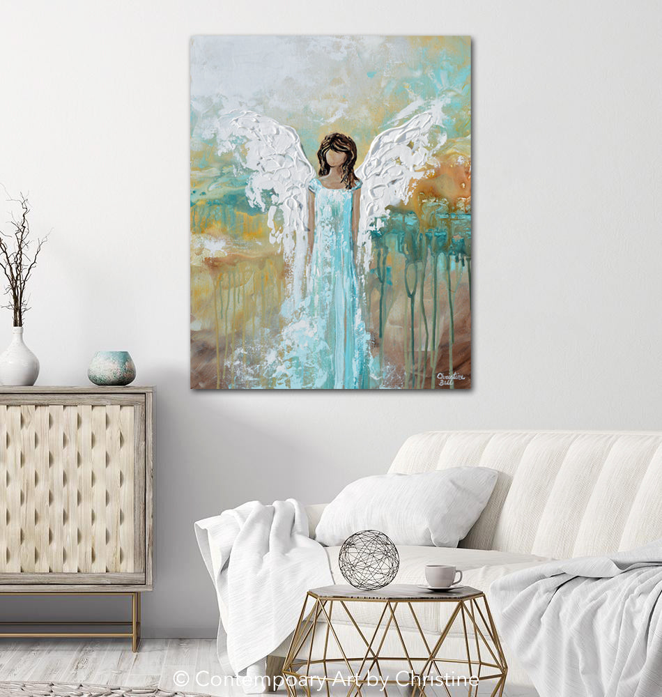 Load image into Gallery viewer, &amp;quot;Angel of Hope&amp;quot; ORIGINAL Abstract Angel Painting Guardian Angel Aqua Blue Turquoise White 24x30&amp;quot;
