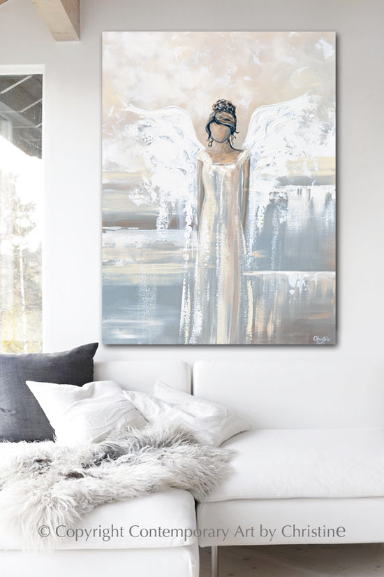 "Bringing Peace and Love" ORIGINAL Abstract Angel Painting Elegant Guardian Angel Cream White 30x40"