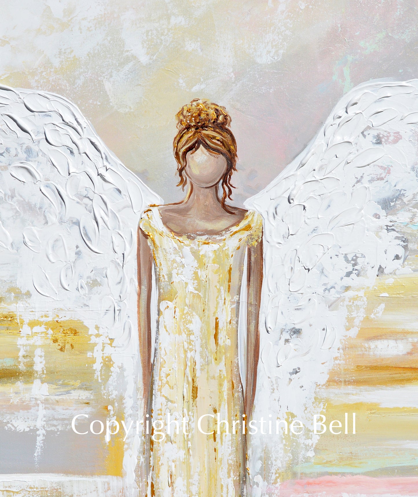 "Her Shining Light" ORIGINAL Abstract Angel Painting Fine Art Guardian Angel White Grey Cream Neutral Home Wall Decor XL 36x48"