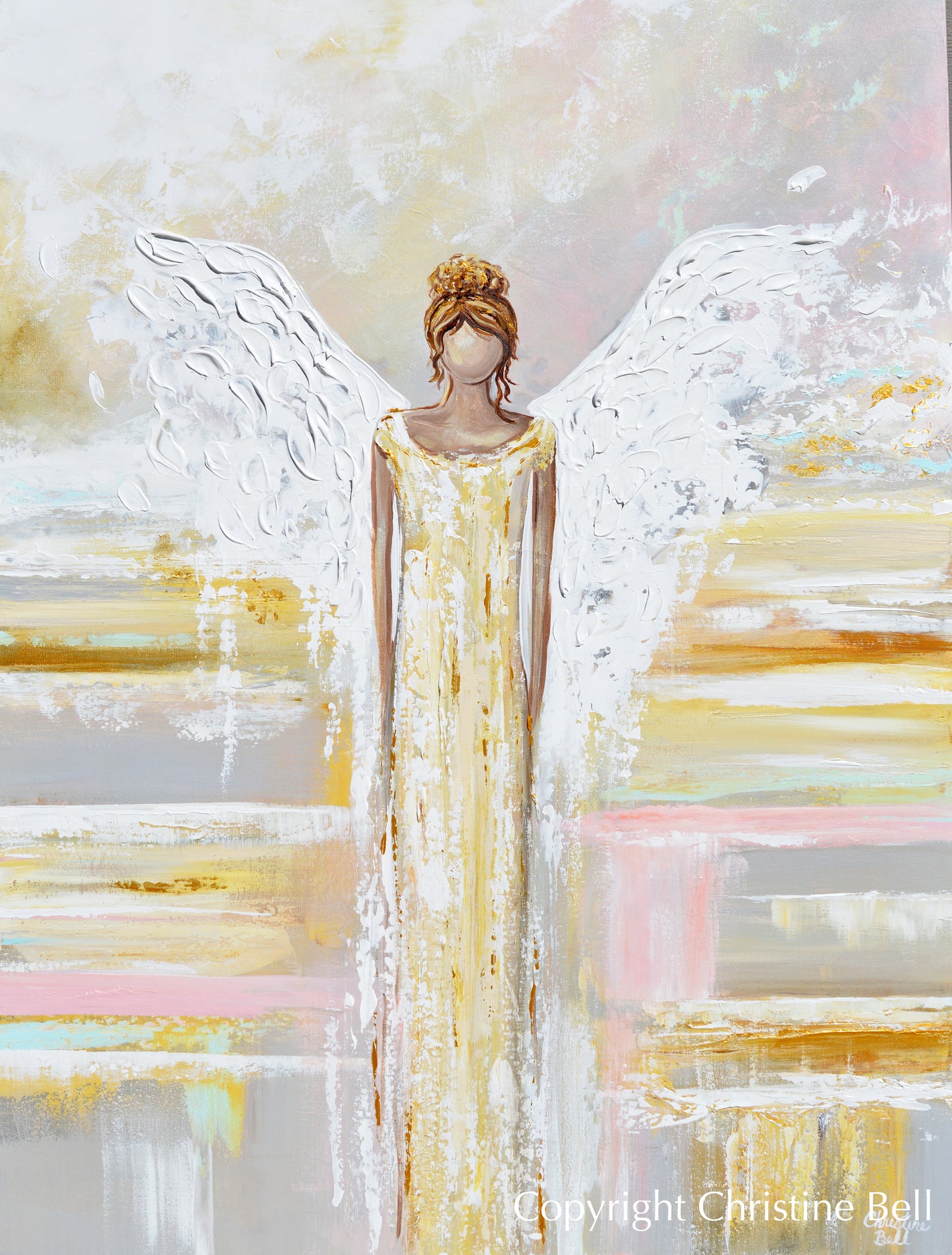 "Her Shining Light" ORIGINAL Abstract Angel Painting Fine Art Guardian Angel White Grey Cream Neutral Home Wall Decor XL 36x48"
