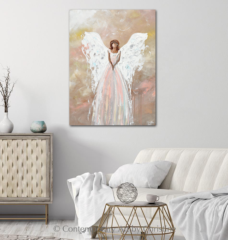 "The Love of My Heart" ORIGINAL Abstract Angel Painting Elegant Guardian Angel Pink White 30x40"