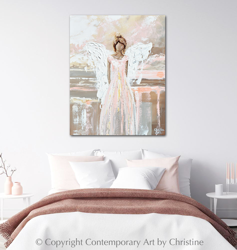 Load image into Gallery viewer, &amp;quot;Everlasting Love&amp;quot; ORIGINAL Abstract Angel Painting Guardian Angel Pink White Beige 24x30&amp;quot;
