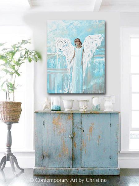 "Have Hope and Strength" ORIGINAL Abstract Angel Painting Modern Guardian Angel Wall Art Blue White 24x30"