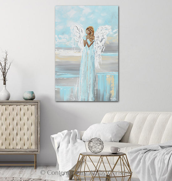 Load image into Gallery viewer, &amp;quot;Prayers of Hope&amp;quot; ORIGINAL Abstract Angel Painting Elegant Guardian Angel Cream White 24x36&amp;quot;
