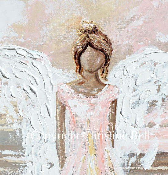 "Everlasting Love" ORIGINAL Abstract Angel Painting Guardian Angel Pink White Beige 24x30"