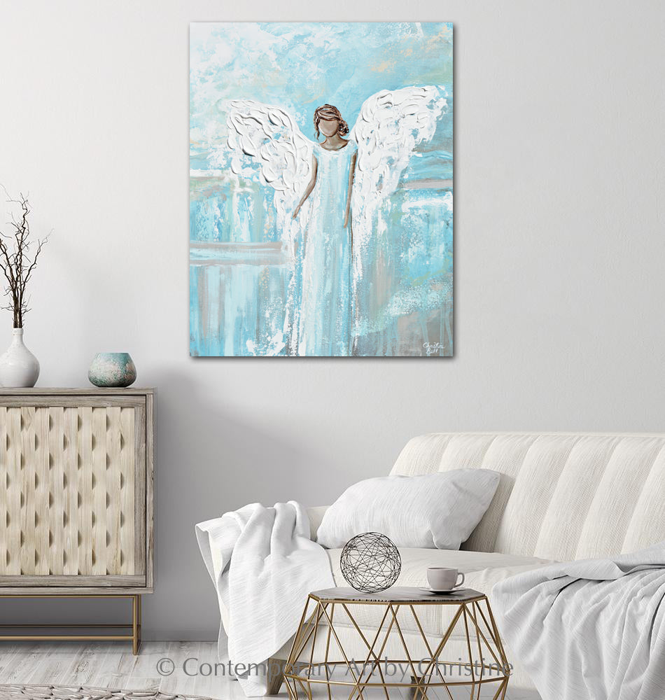 "Have Hope and Strength" ORIGINAL Abstract Angel Painting Modern Guardian Angel Wall Art Blue White 24x30"