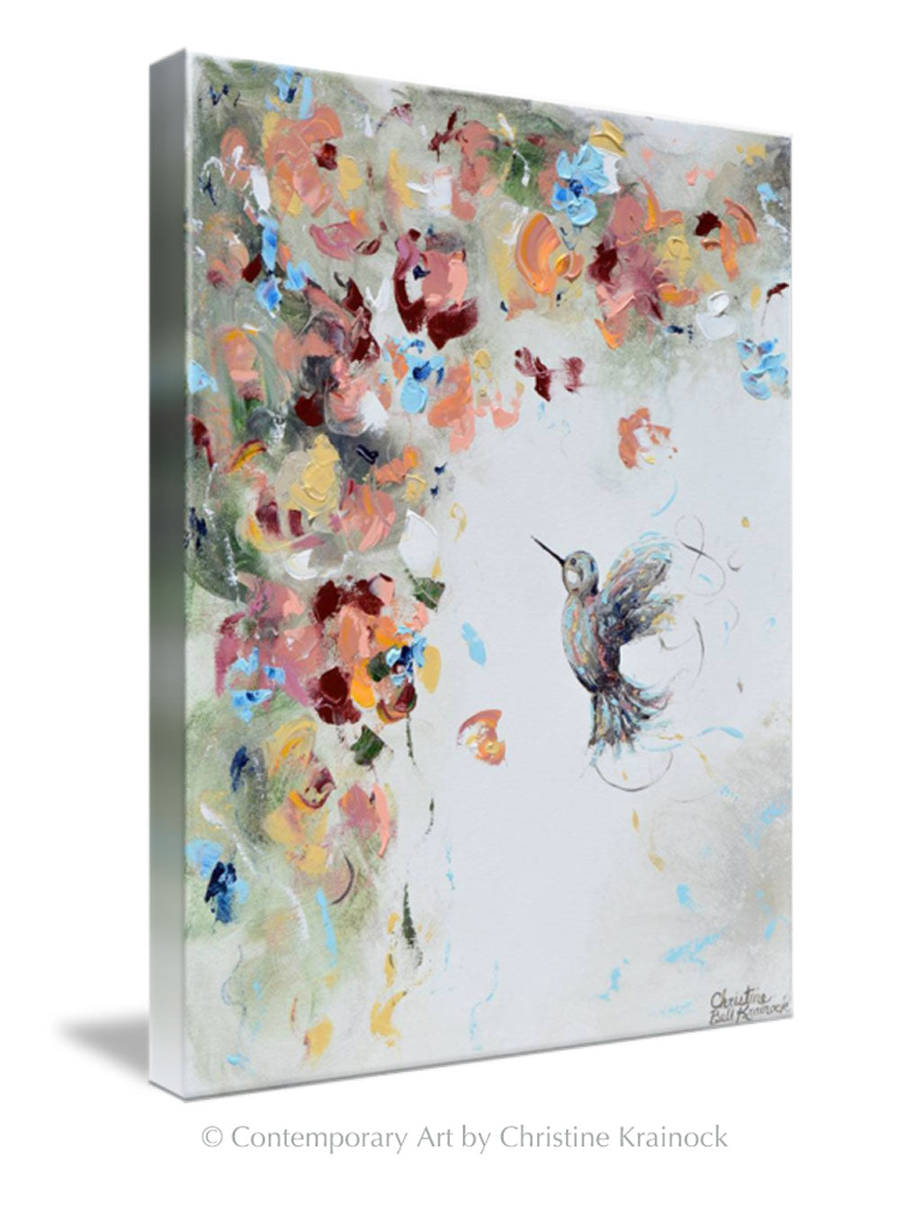 "Infinite Joy" GICLEE PRINT Art Abstract Hummingbird Painting Flowers Blue White Rose Gold
