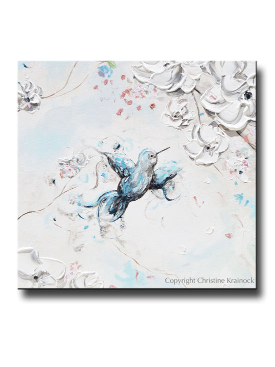 GICLEE PRINT Art Abstract Hummingbird Painting Cherry Blossoms Blue Bird White Pink Wall Art Home Decor