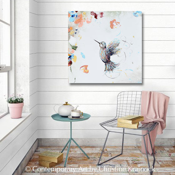 GICLEE PRINT Art Abstract Floral Painting Hummingbird Flowers Blue White Rose Gold Pink Wall Art Home Decor