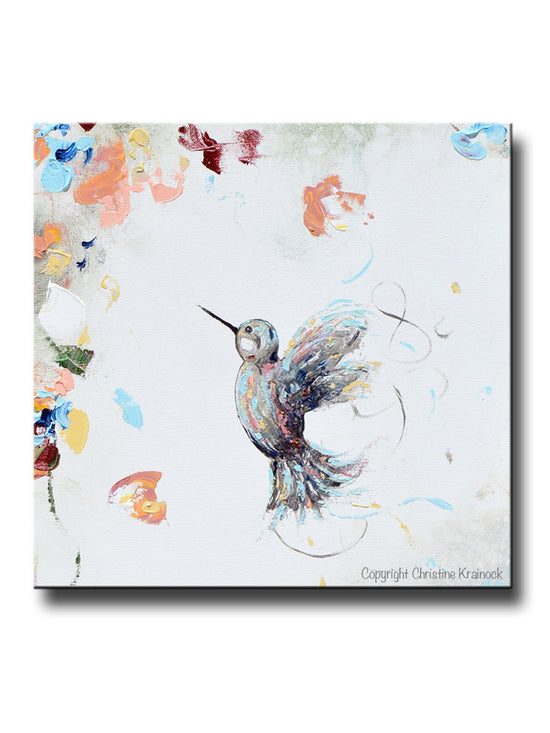 GICLEE PRINT Art Abstract Floral Painting Hummingbird Flowers Blue White Rose Gold Pink Wall Art Home Decor