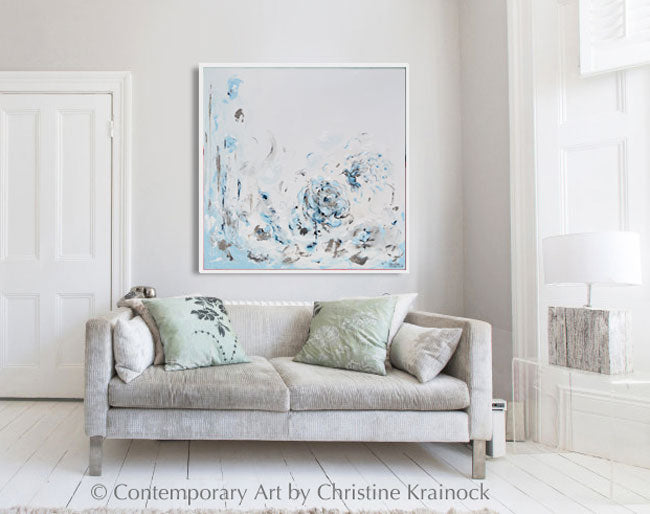 ORIGINAL Art Abstract Painting Hummingbird Light Blue White Grey Floral Wall Art Home Decor 40x40"