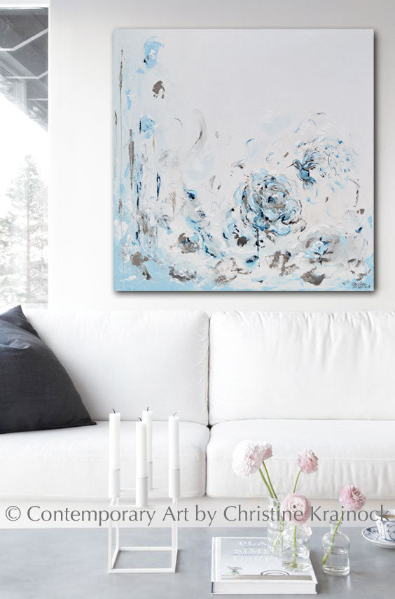 ORIGINAL Art Abstract Painting Hummingbird Light Blue White Grey Floral Wall Art Home Decor 40x40"
