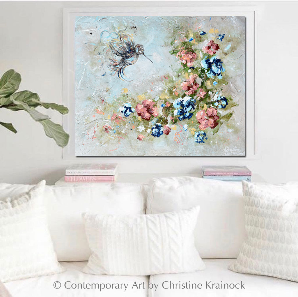 ORIGINAL Art Abstract Floral Painting Hummingbird Textured Navy Blue White Grey Pink Flowers Wall Art Home Decor 24x20"