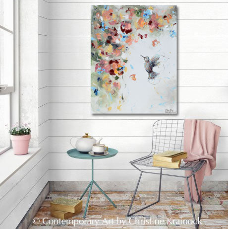 ORIGINAL Art Abstract Floral Painting Hummingbird Textured Flowers Blue White Rose Gold Decor 24x30"