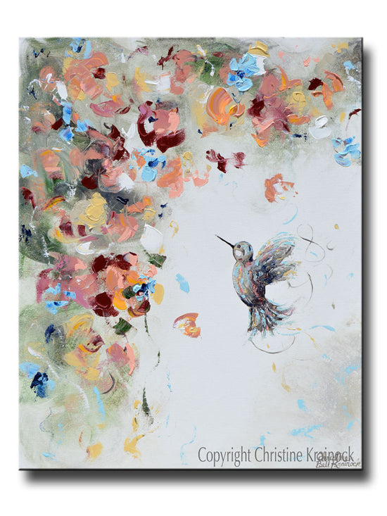 "Infinite Joy" GICLEE PRINT Art Abstract Hummingbird Painting Flowers Blue White Rose Gold