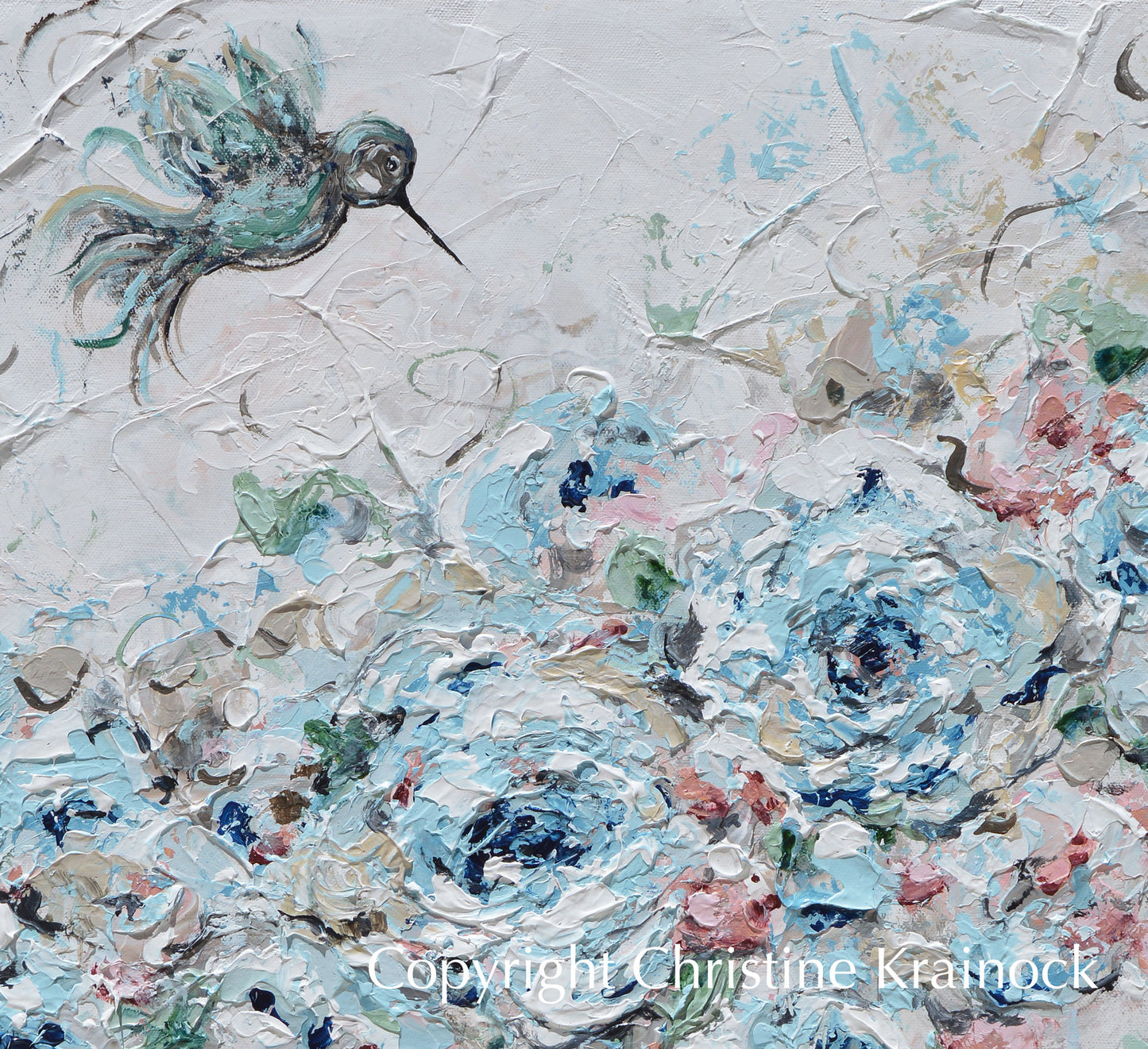Load image into Gallery viewer, ORIGINAL Art Abstract Hummingbird Painting Light Blue Teal White Grey Pink Flowers Floral Wall Art Home Decor 20x24&amp;quot;

