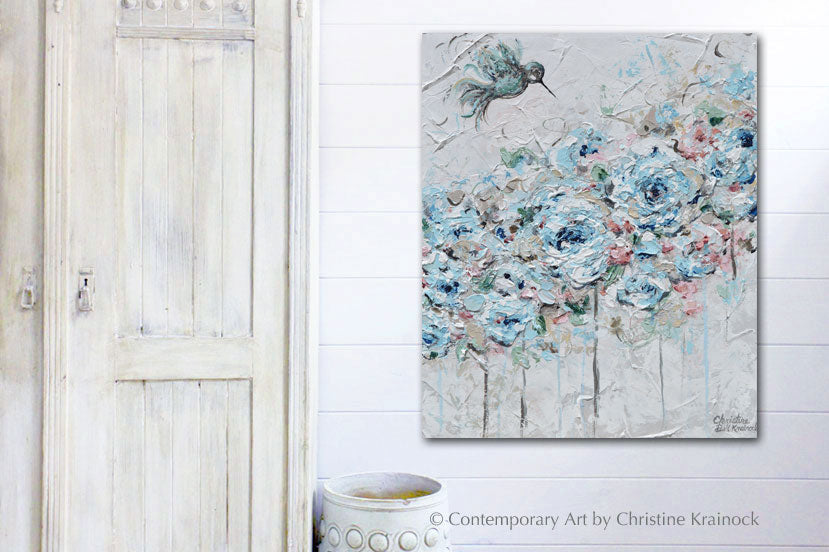 Load image into Gallery viewer, ORIGINAL Art Abstract Hummingbird Painting Light Blue Teal White Grey Pink Flowers Floral Wall Art Home Decor 20x24&amp;quot;
