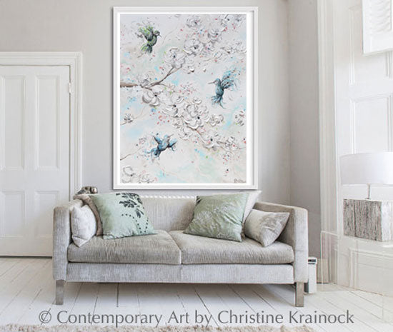Load image into Gallery viewer, ORIGINAL Art Abstract Floral Painting Hummingbirds Cherry Blossoms Textured Blue White Green Wall Art Home Decor 30x40&amp;quot;
