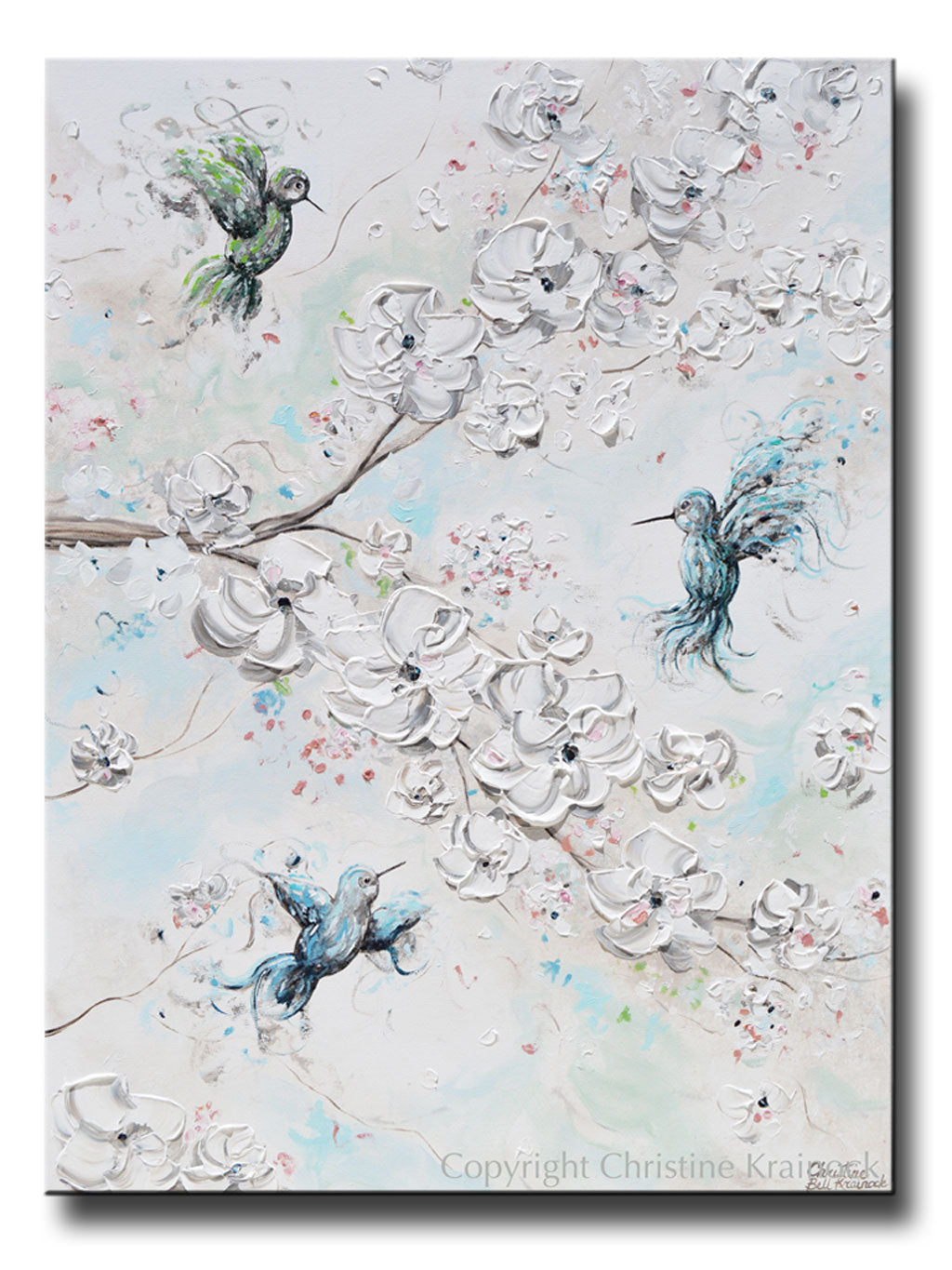 ORIGINAL Art Abstract Floral Painting Hummingbirds Cherry Blossoms Textured Blue White Green Wall Art Home Decor 30x40"